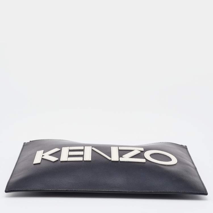 Pre Owned Kenzo Black Leather Logo Zipped Pouch