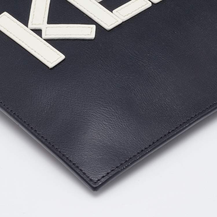 Pre Owned Kenzo Black Leather Logo Zipped Pouch