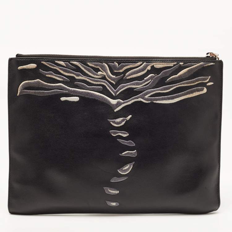Pre Owned Kenzo Black Tiger Embroidered Leather Zip Flat Pouch