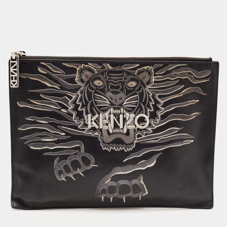 Pre Owned Kenzo Black Tiger Embroidered Leather Zip Flat Pouch
