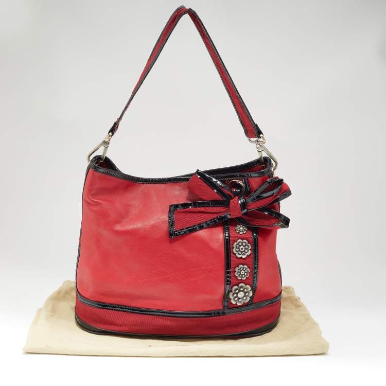 Pre Owned Kenzo Red/Black Leather and Canvas Embellished Bow Tote