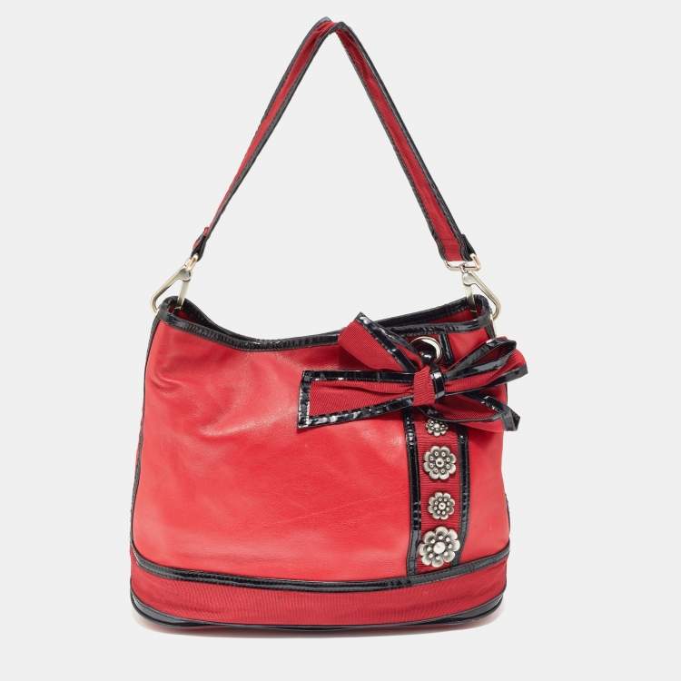Pre Owned Kenzo Red/Black Leather and Canvas Embellished Bow Tote