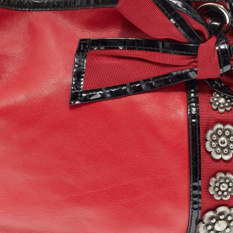 Pre Owned Kenzo Red/Black Leather and Canvas Embellished Bow Tote