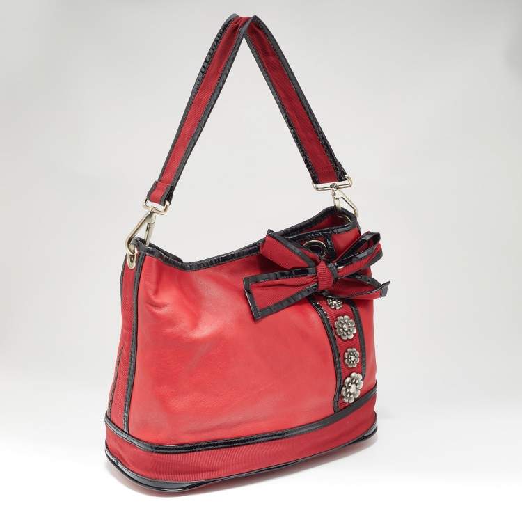 Pre Owned Kenzo Red/Black Leather and Canvas Embellished Bow Tote