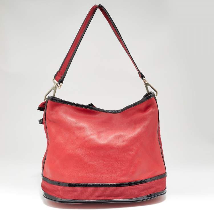 Pre Owned Kenzo Red/Black Leather and Canvas Embellished Bow Tote