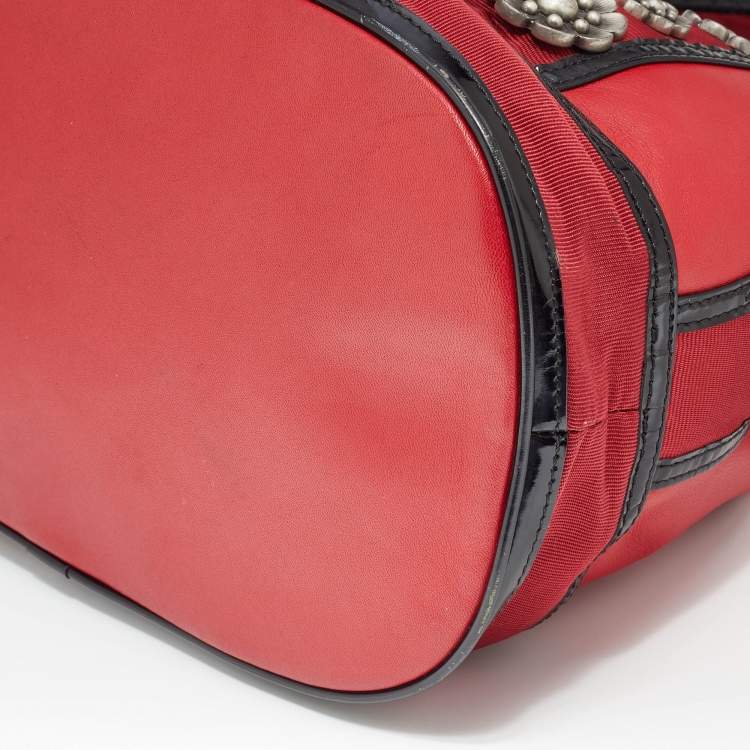 Pre Owned Kenzo Red/Black Leather and Canvas Embellished Bow Tote