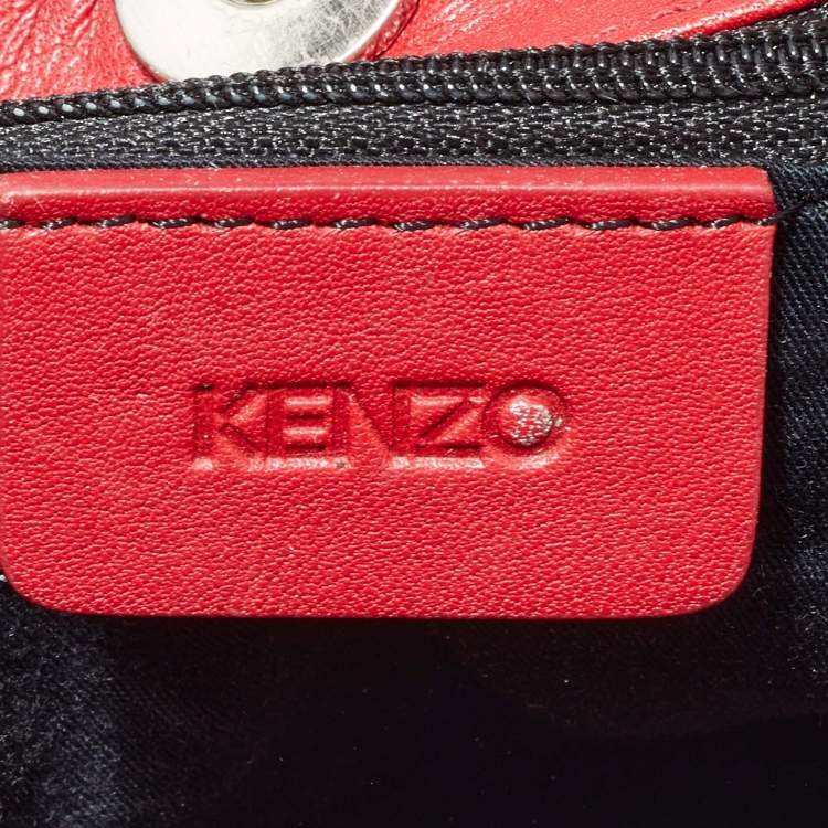 Pre Owned Kenzo Red/Black Leather and Canvas Embellished Bow Tote