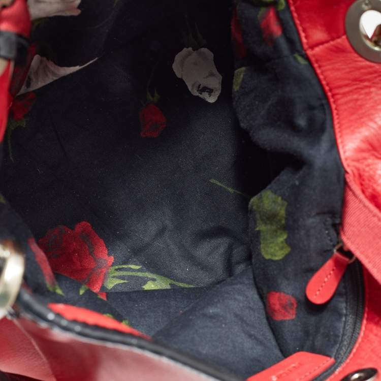Pre Owned Kenzo Red/Black Leather and Canvas Embellished Bow Tote