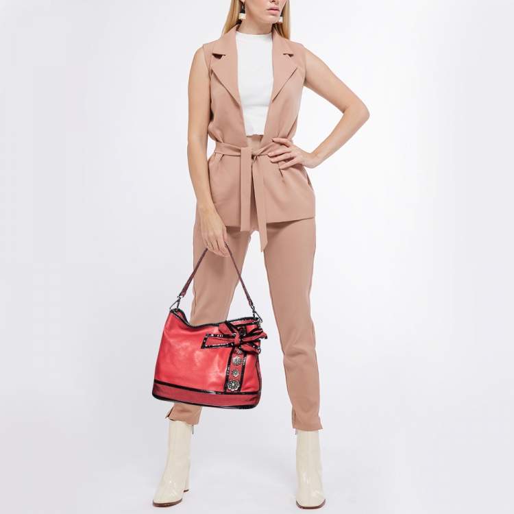 Pre Owned Kenzo Red/Black Leather and Canvas Embellished Bow Tote