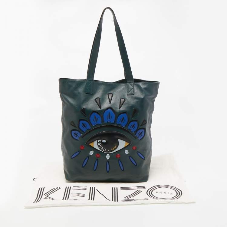 Pre Owned Kenzo Dark Green Leather Eye Shopper Tote