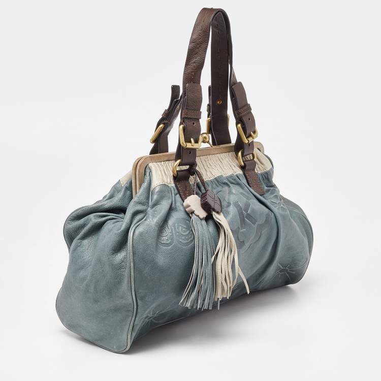 Pre Owned Kenzo Tri Color Embossed Leather Kisslock Frame Satchel 