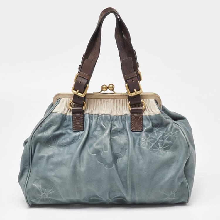 Pre Owned Kenzo Tri Color Embossed Leather Kisslock Frame Satchel 