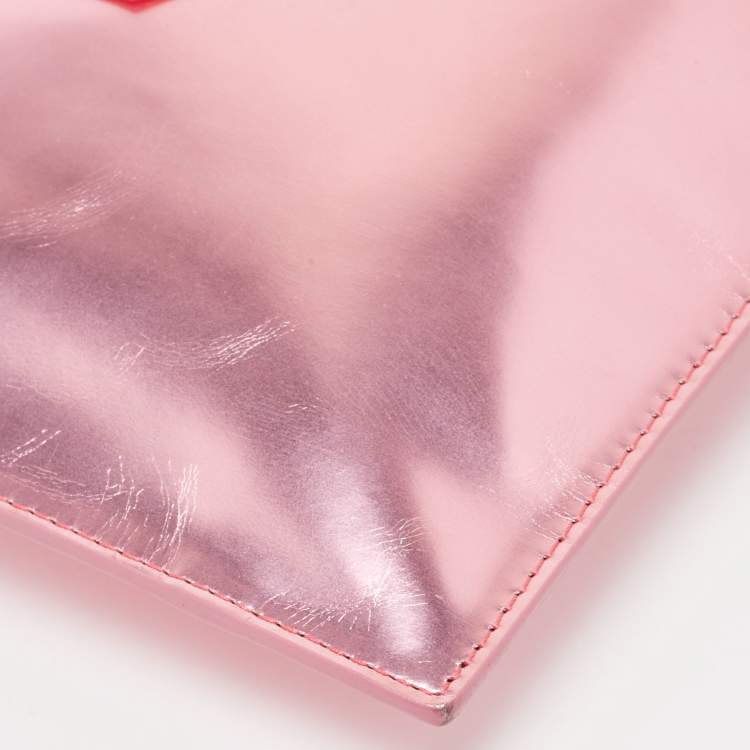 Pre Owned Kenzo Metallic Pink Leather Logo Top Zip Pouch