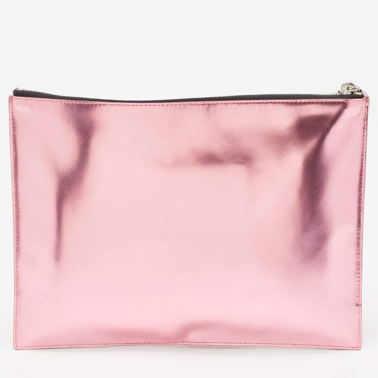 Pre Owned Kenzo Metallic Pink Leather Logo Top Zip Pouch