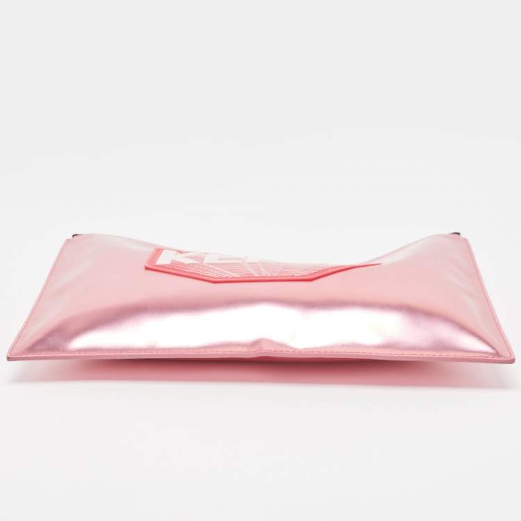 Pre Owned Kenzo Metallic Pink Leather Logo Top Zip Pouch