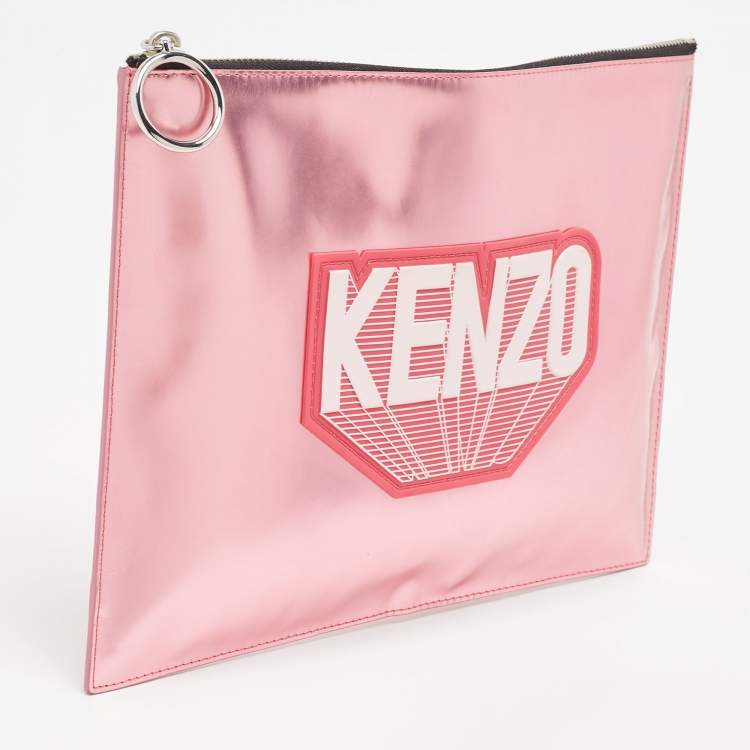 Pre Owned Kenzo Metallic Pink Leather Logo Top Zip Pouch
