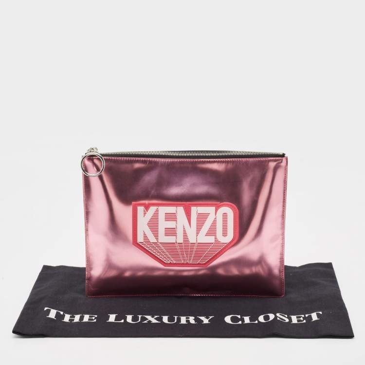 Pre Owned Kenzo Metallic Pink Leather Logo Top Zip Pouch