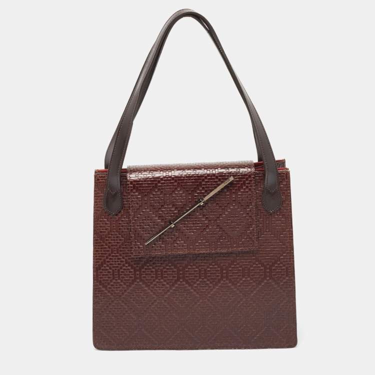 Pre Owned Kenzo Brown Woven Leather Metal Pin Flap Tote