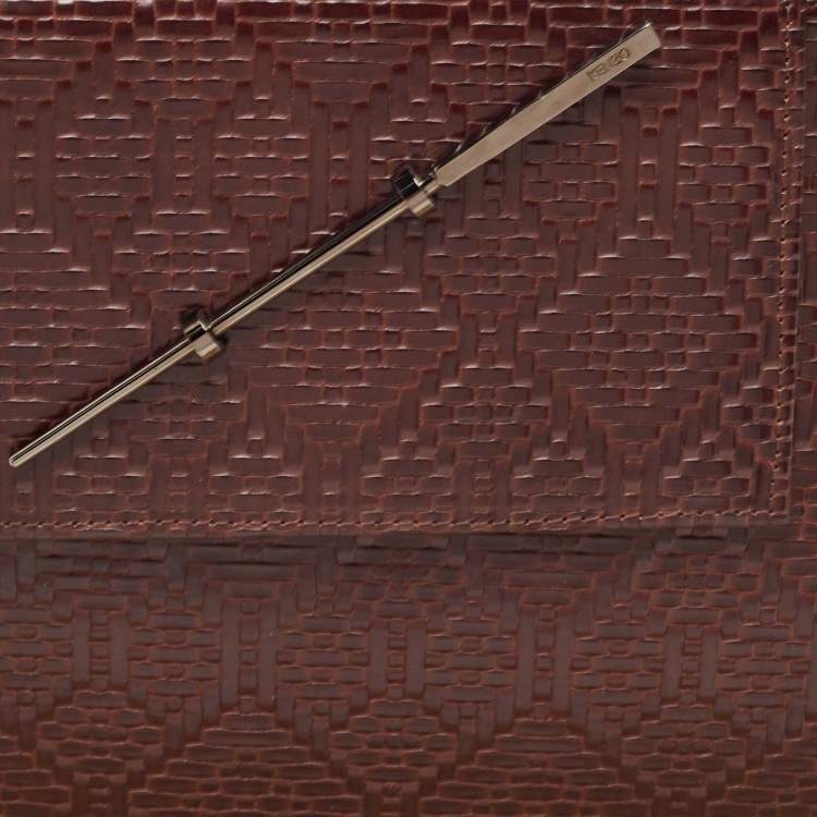 Pre Owned Kenzo Brown Woven Leather Metal Pin Flap Tote