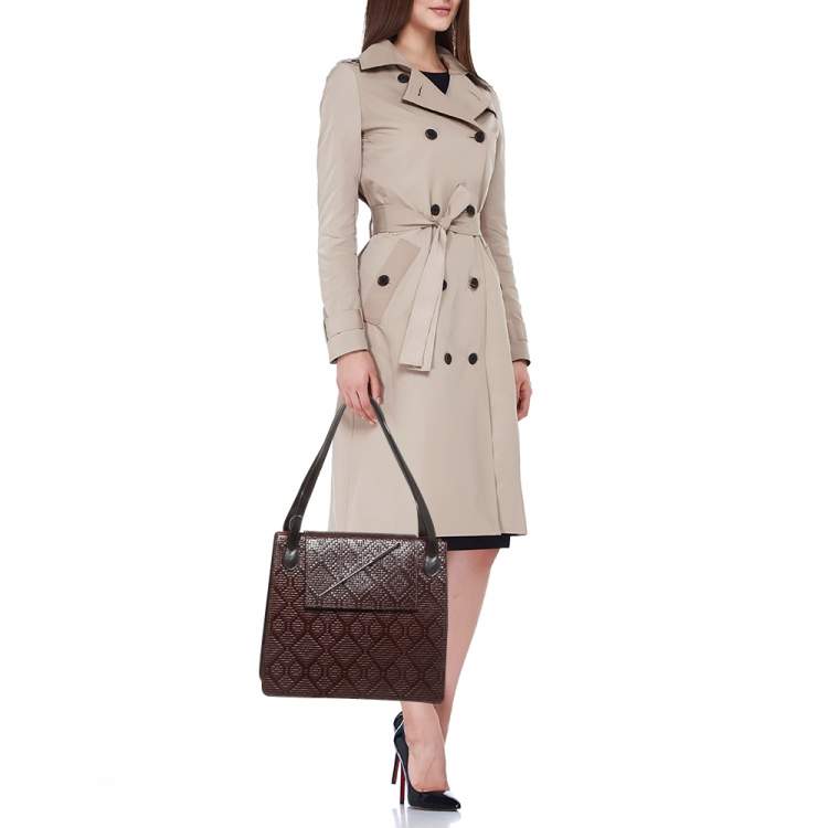 Pre Owned Kenzo Brown Woven Leather Metal Pin Flap Tote