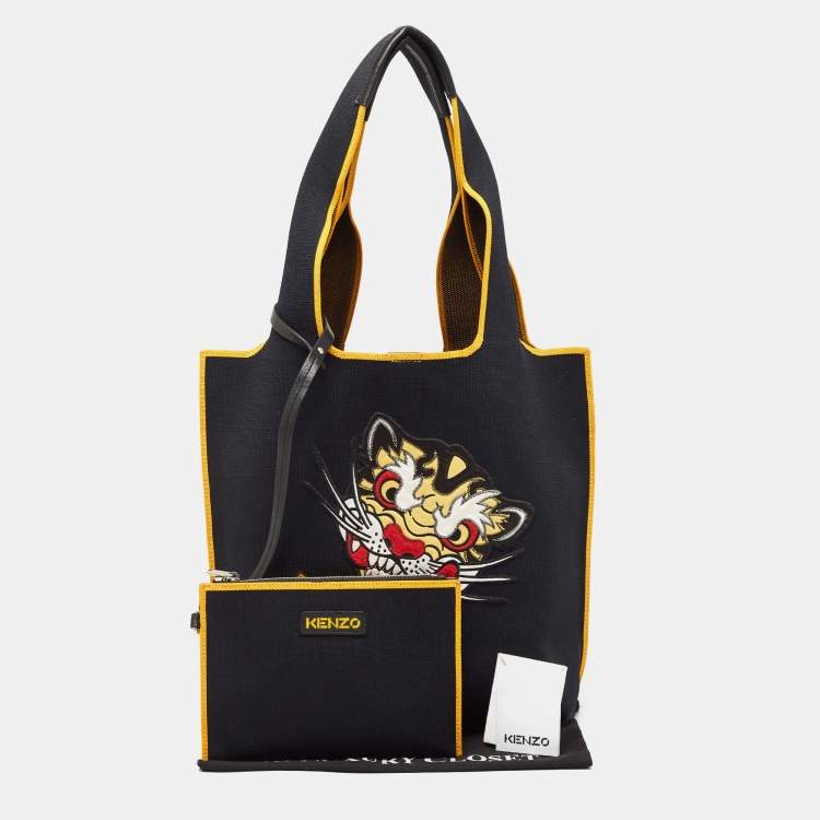 Pre Owned Kenzo Black/Yellow Canvas Contrasting Details Tote 