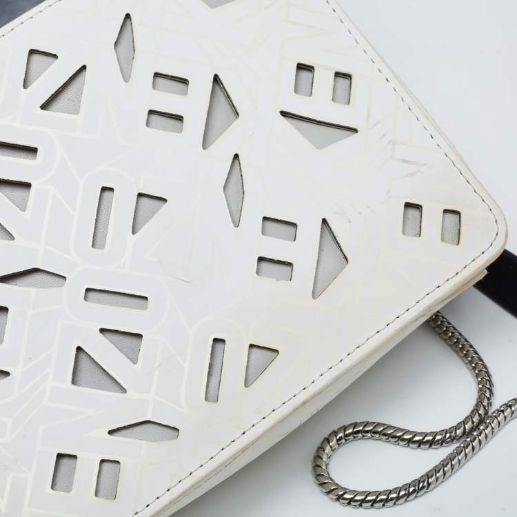 Pre Owned Kenzo White/Black Laser Cut Leather Flying Crossbody Bag