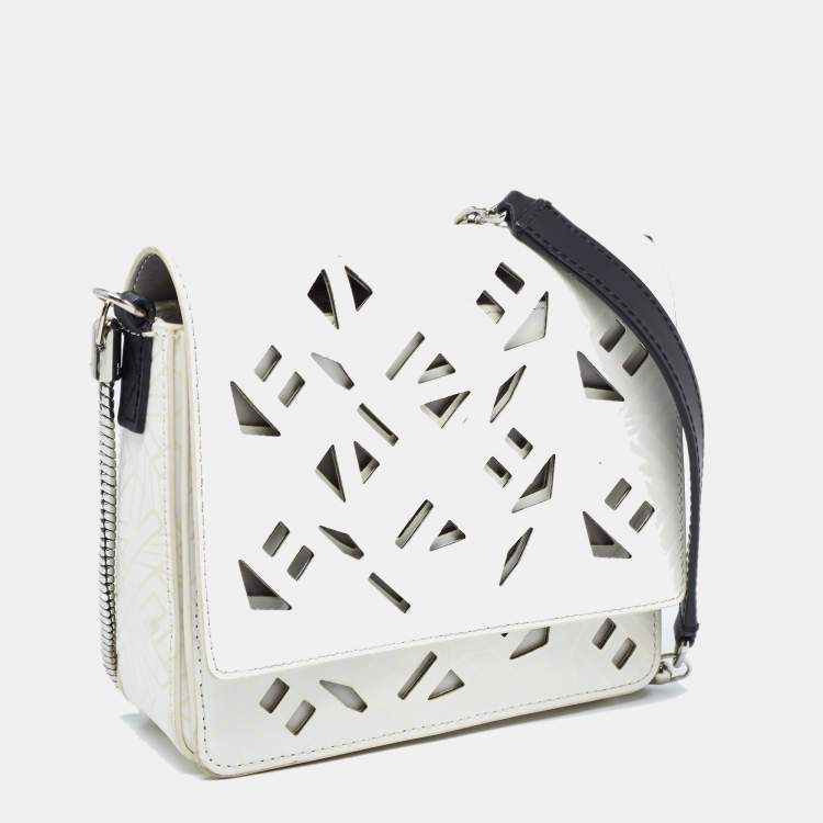 Pre Owned Kenzo White/Black Laser Cut Leather Flying Crossbody Bag