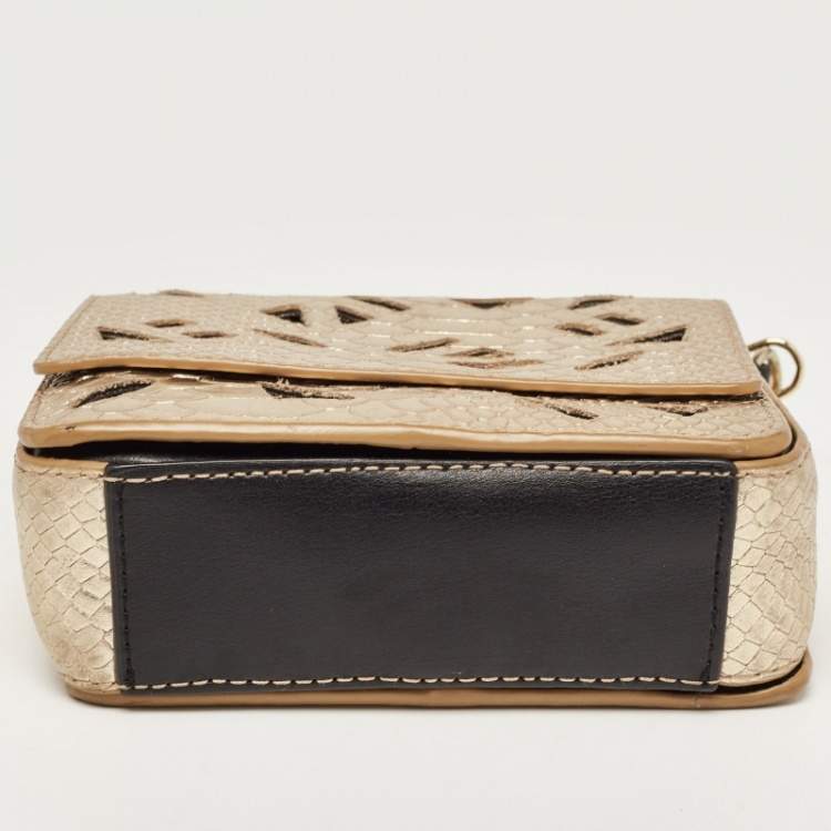 Pre Owned Kenzo Gold/Black Python Embossed and Leather Lasercut Flap Bag