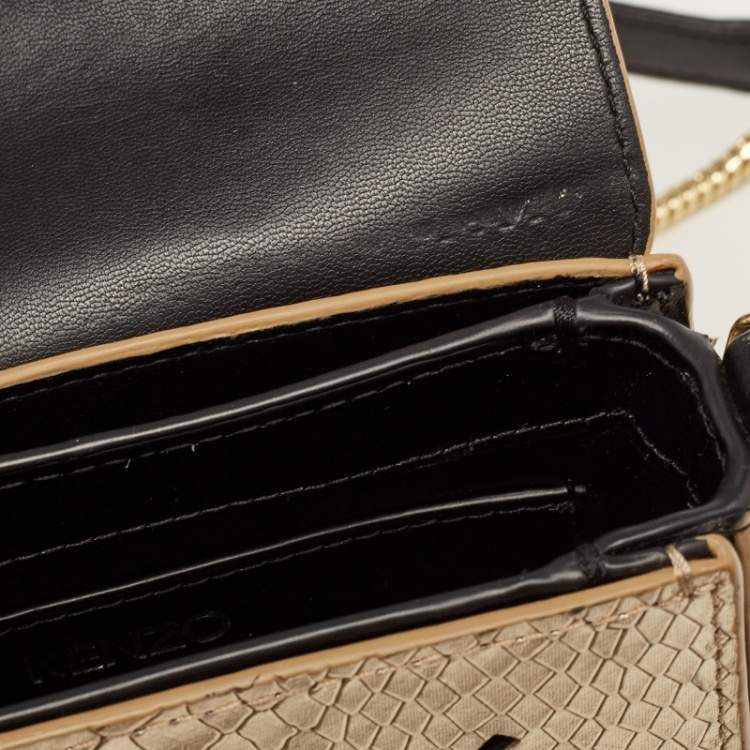 Pre Owned Kenzo Gold/Black Python Embossed and Leather Lasercut Flap Bag