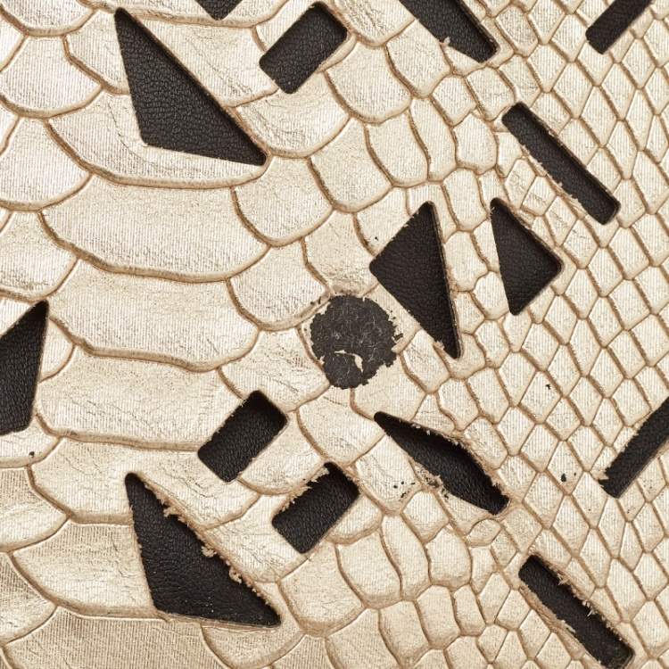 Pre Owned Kenzo Gold/Black Python Embossed and Leather Lasercut Flap Bag