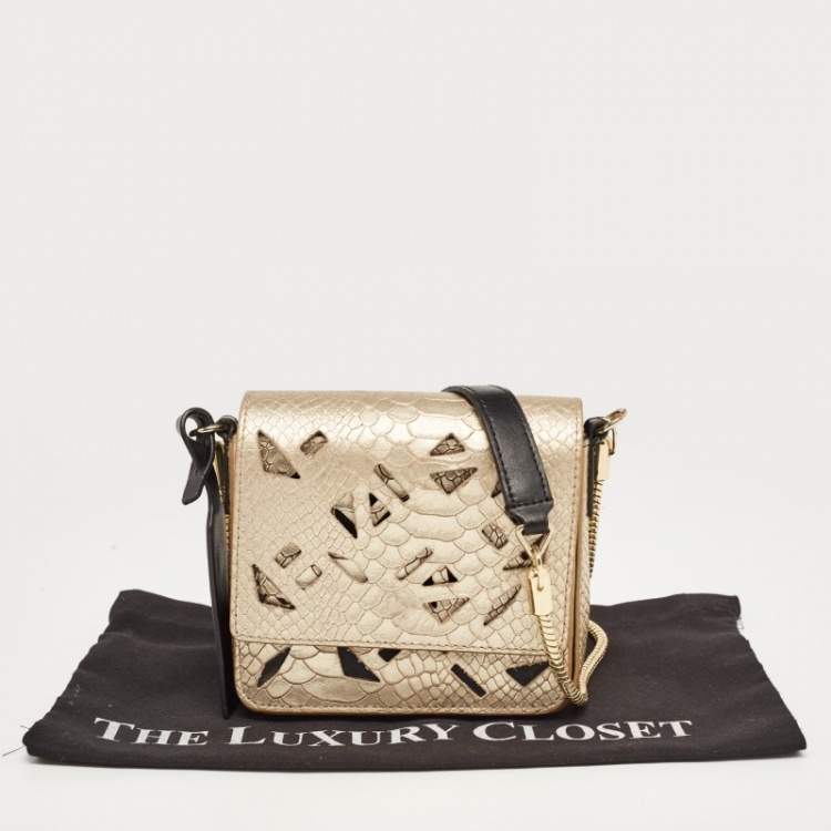 Pre Owned Kenzo Gold/Black Python Embossed and Leather Lasercut Flap Bag
