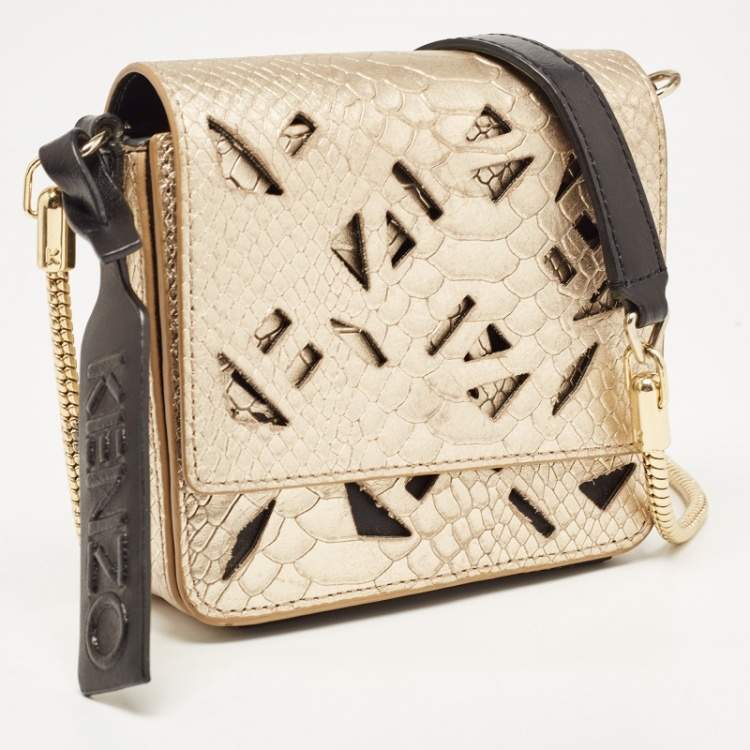 Pre Owned Kenzo Gold/Black Python Embossed and Leather Lasercut Flap Bag