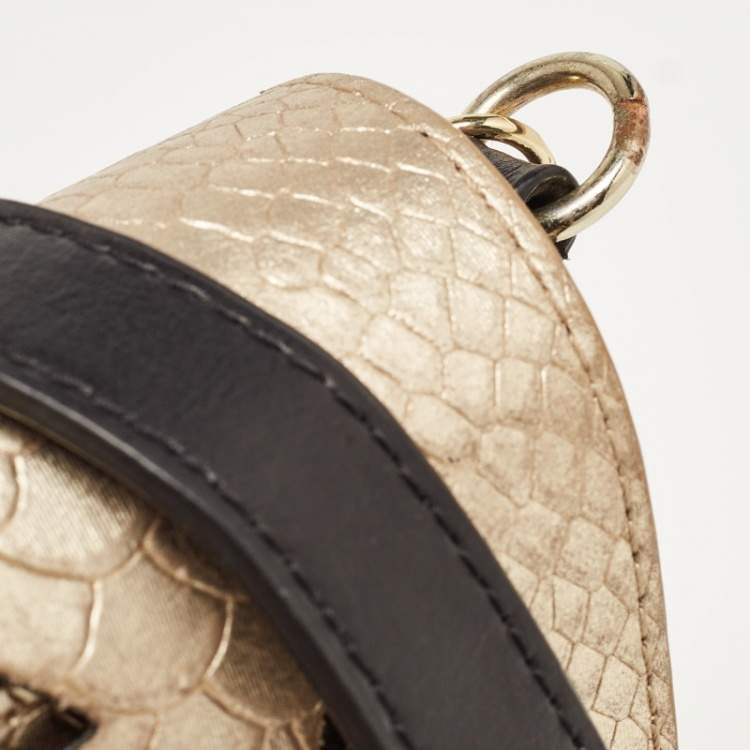 Pre Owned Kenzo Gold/Black Python Embossed and Leather Lasercut Flap Bag