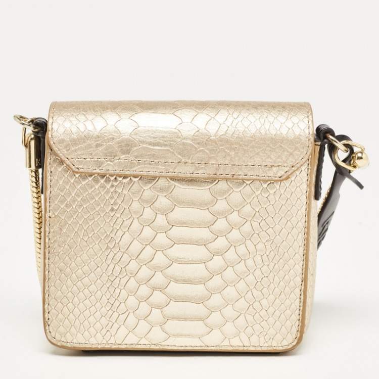 Pre Owned Kenzo Gold/Black Python Embossed and Leather Lasercut Flap Bag