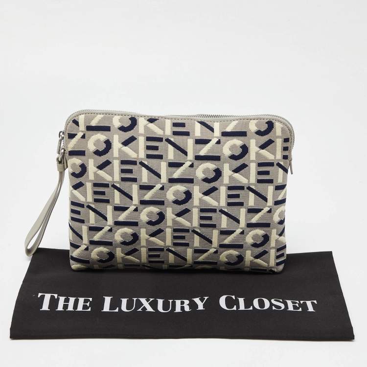 Pre Owned Kenzo Tri Color Printed Logo Knit Fabric Zipped Wristlet Pouch