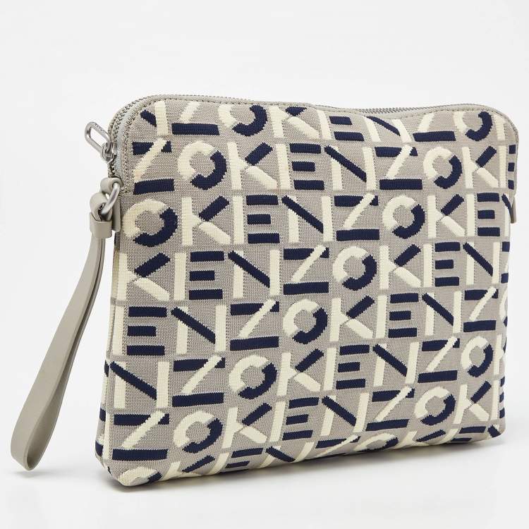 Pre Owned Kenzo Tri Color Printed Logo Knit Fabric Zipped Wristlet Pouch