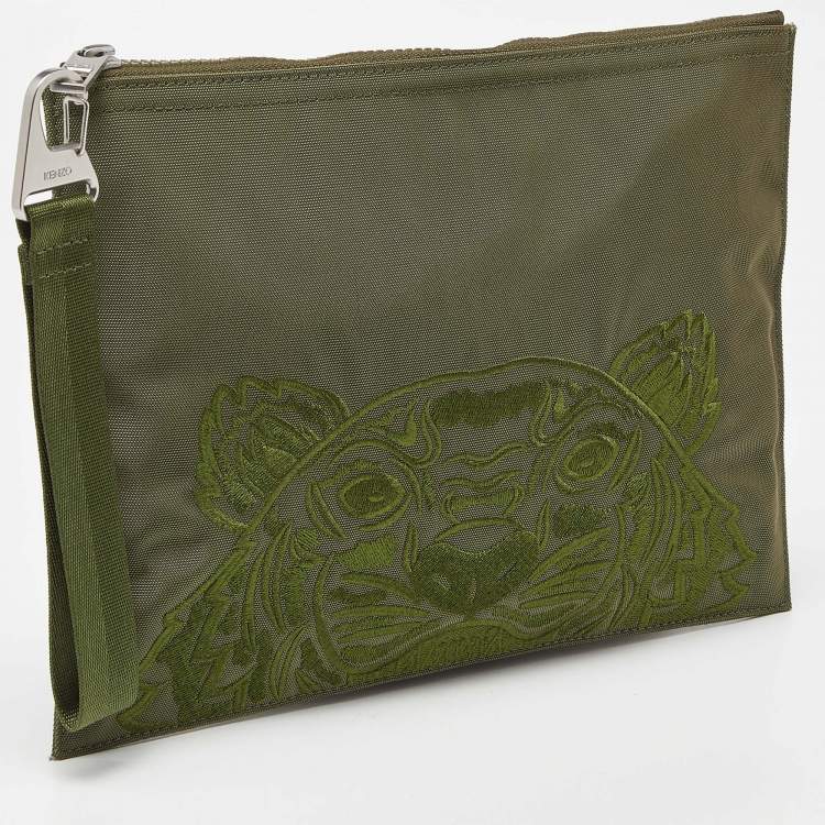 Pre Owned Kenzo Green Tiger Embroidered Canvas Zip Flat Pouch