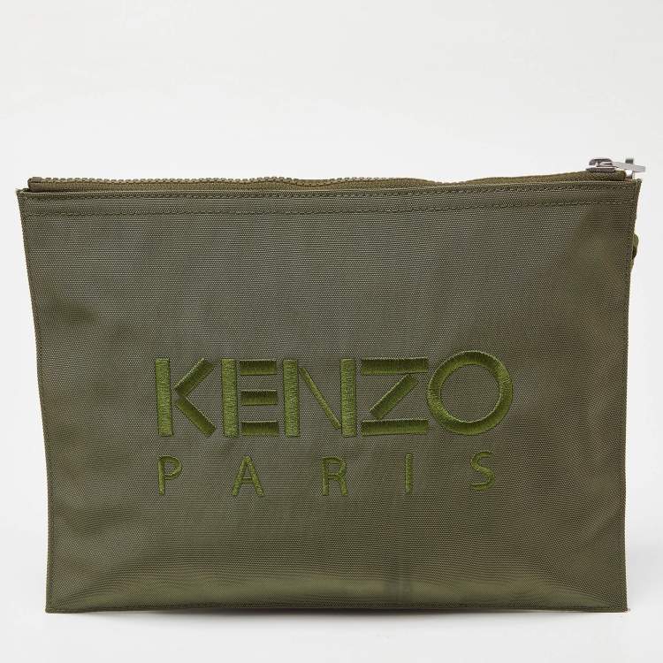Pre Owned Kenzo Green Tiger Embroidered Canvas Zip Flat Pouch