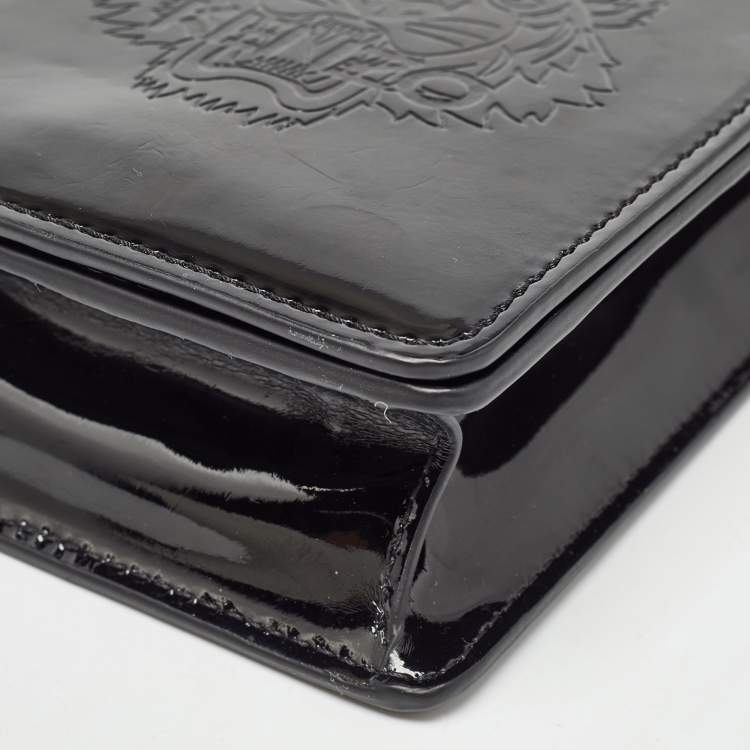 Pre Owned Kenzo Black Tiger Head Embossed Patent Leather Flap Crossbody Bag