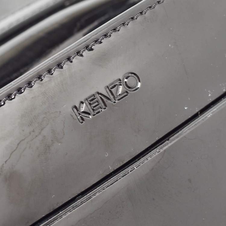 Pre Owned Kenzo Black Tiger Head Embossed Patent Leather Flap Crossbody Bag