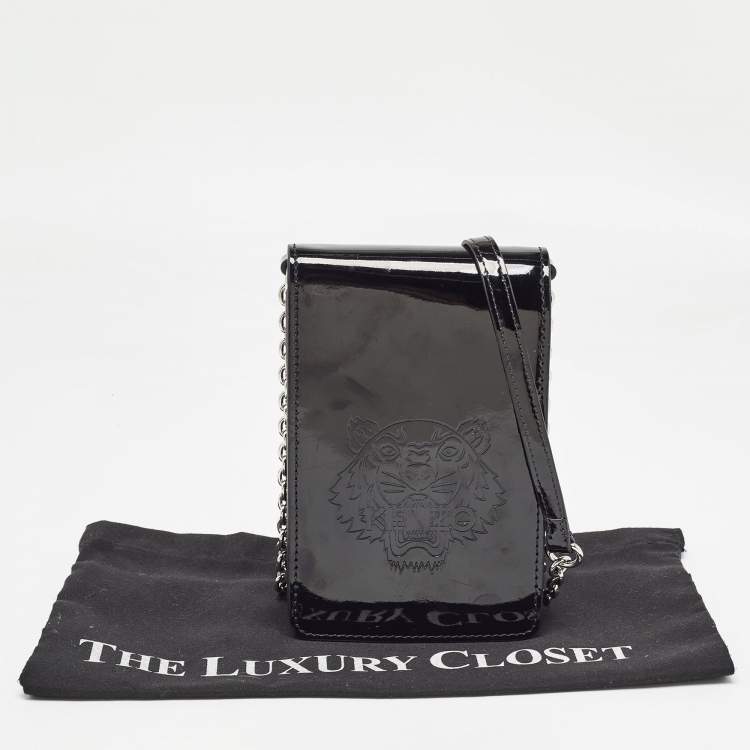 Pre Owned Kenzo Black Tiger Head Embossed Patent Leather Flap Crossbody Bag