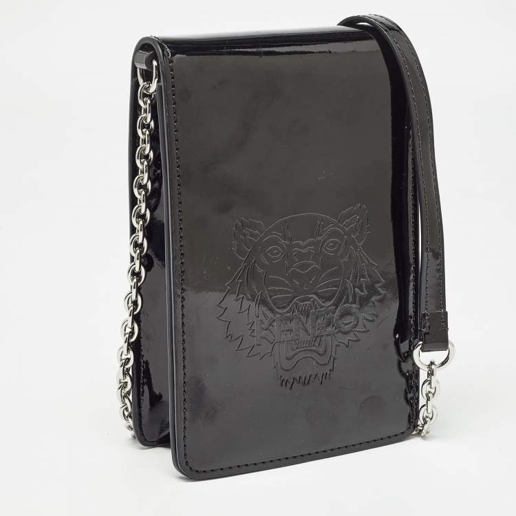 Pre Owned Kenzo Black Tiger Head Embossed Patent Leather Flap Crossbody Bag