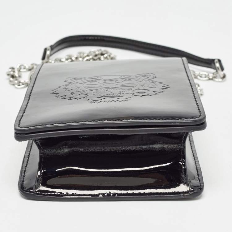 Pre Owned Kenzo Black Tiger Head Embossed Patent Leather Flap Crossbody Bag