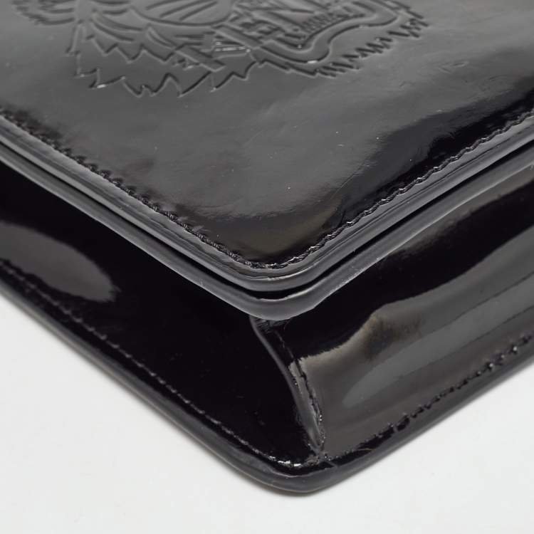 Pre Owned Kenzo Black Tiger Head Embossed Patent Leather Flap Crossbody Bag