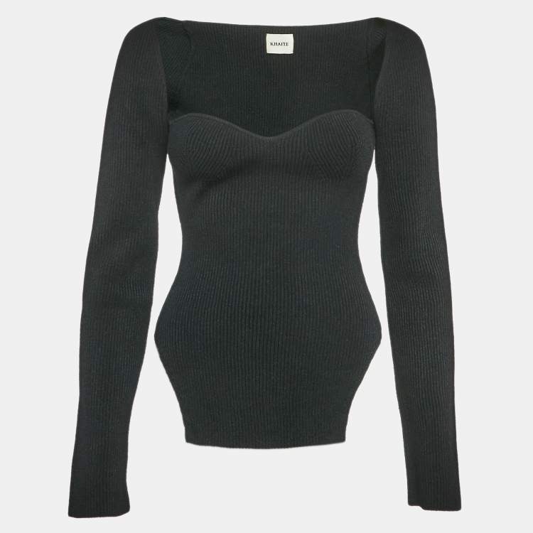 Pre Owned Khaite Black Rib Knit Sweetheart Neck Full Sleeve Top L