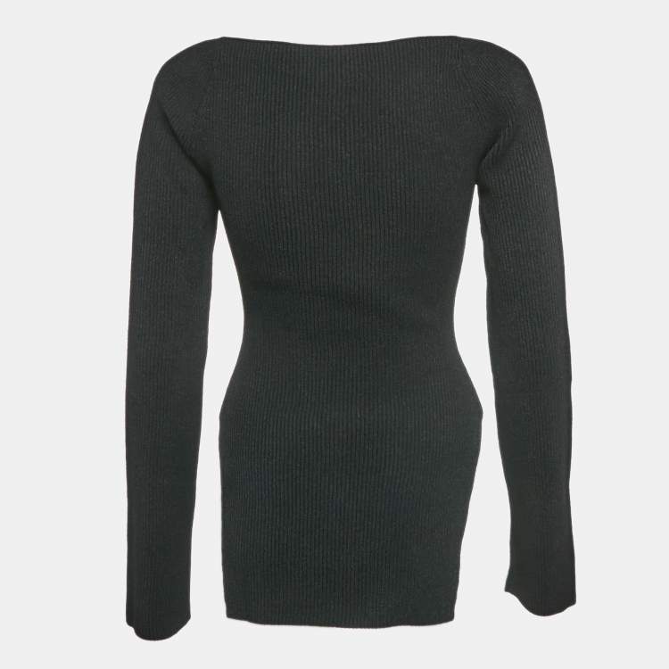 Pre Owned Khaite Black Rib Knit Sweetheart Neck Full Sleeve Top L