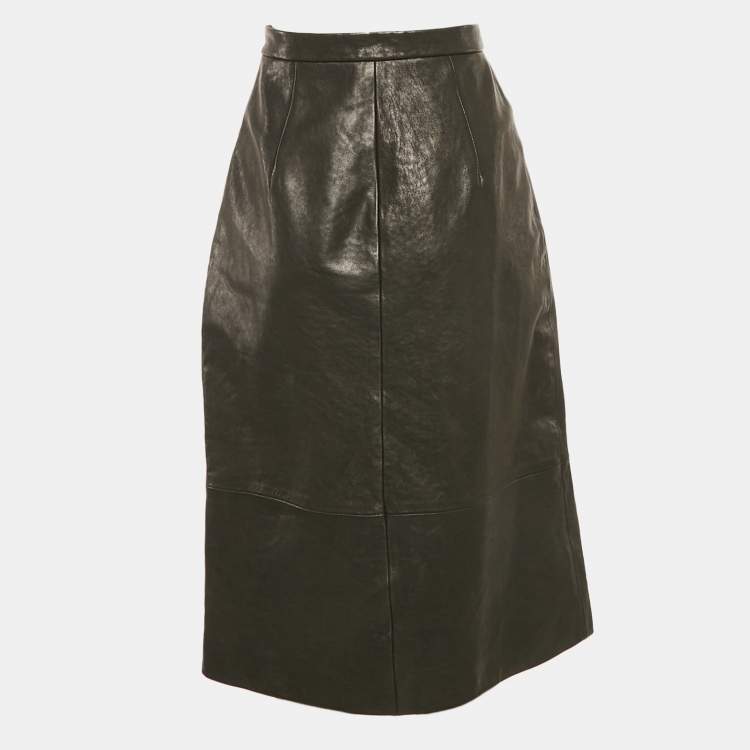 Pre Owned Khaite Black Leather Knee Length Skirt S