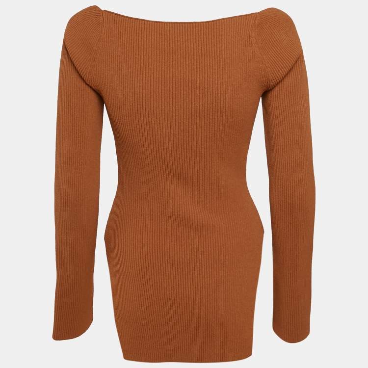 Pre Owned Khaite Brown Rib Knit Sweetheart Neck Full Sleeve Top L