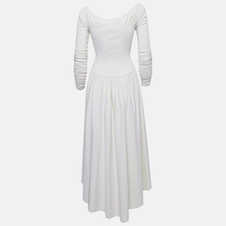 Pre Owned Khaite Off-White Knit Ruched Fit and Flare Midi Dress S