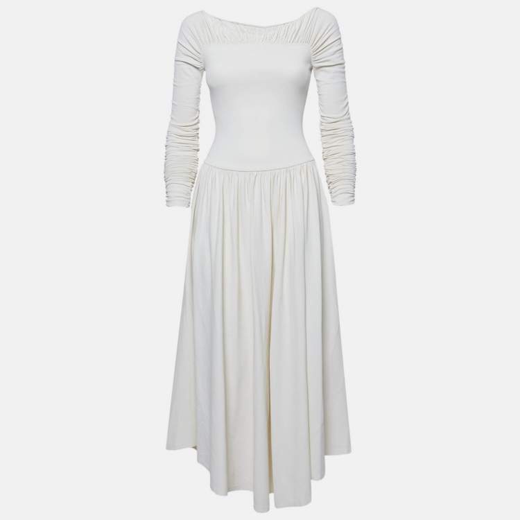 Pre Owned Khaite Off-White Knit Ruched Fit and Flare Midi Dress S